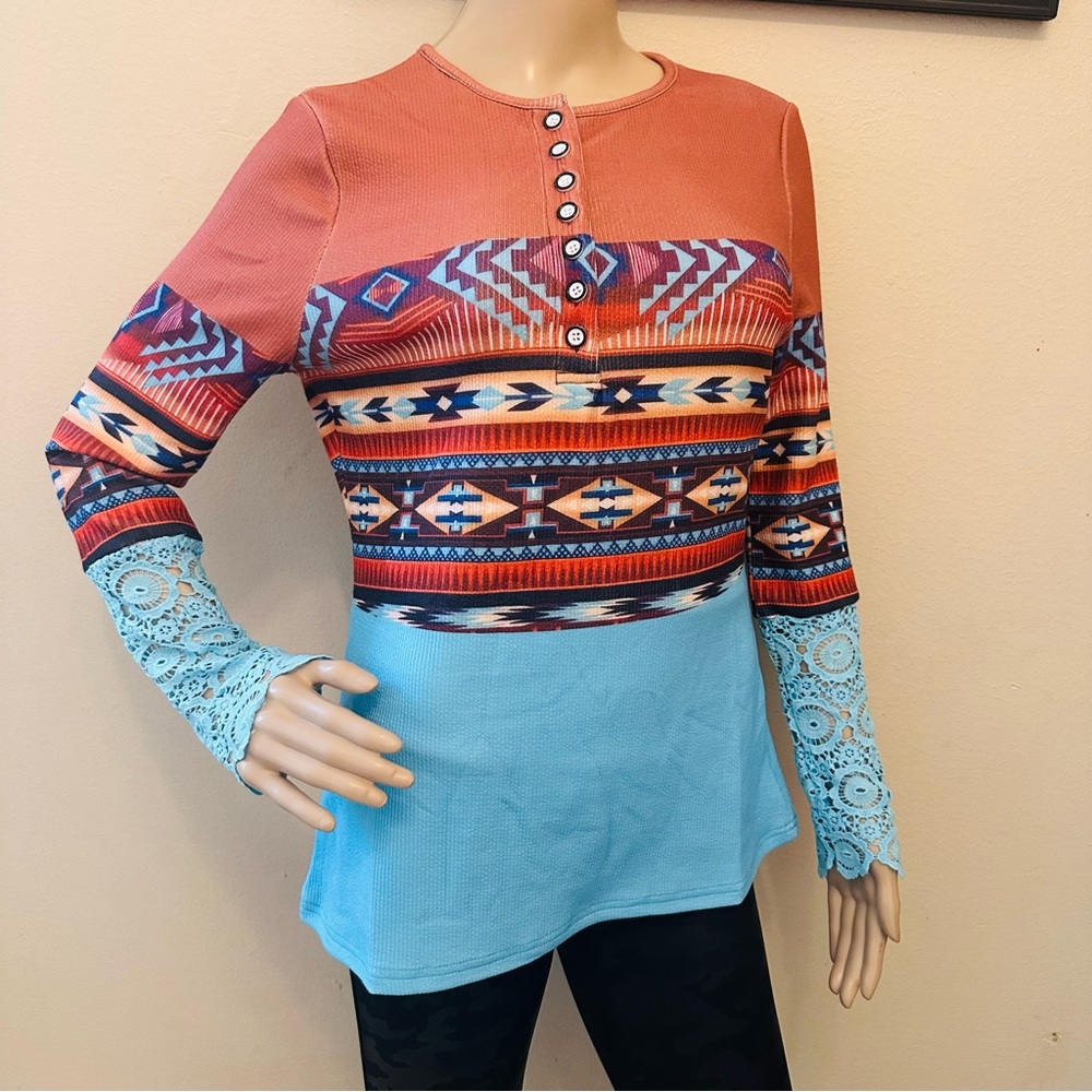 Flamingo Blue and Brown Button Down Blouse with Graphic Design